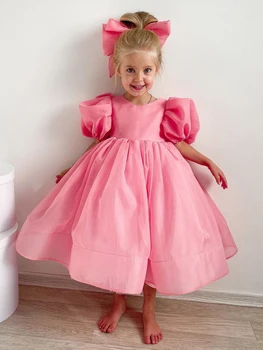 Пышное детское платье из розовой органзы чайной длины, платье с цветочным узором для девочки с бантом, платья для милых малышей на день рождения, фотосессия для Первого Причастия