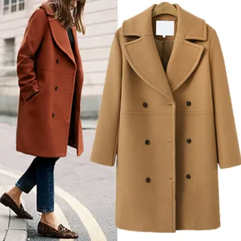 Женское пальто двубортное 2022, осень-зима, однотонные куртки, шерстяная длинная верхняя одежда с воротником-лацканом, женские свободные смеси
