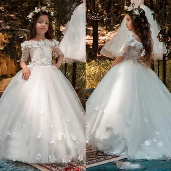 2023 Элегантные свадебные платья для девочек-цветочниц с белыми кружевными аппликациями, полурукавами длиной до пола, платья принцессы из тюля для первого причастия