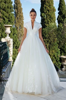 Привлекательные свадебные платья из тюля и атласа, глубокий V-образный вырез, Съемная юбка, аппликации, рукава-колпачки, натуральные свадебные платья 2023 года.