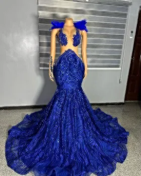 Вечернее платье выпускного вечера в стиле Синей Африканской русалки, роскошные хрустальные блестки, перо, прозрачная сетка, вечернее платье на день рождения для чернокожей девушки