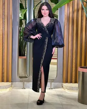 Ручной работы из бисера роскошные вечерние платья с поясом длинные рукава платье для выпускного вечера с разрезом сбоку длина лодыжки черный Дубай женщин одежда Vestidos