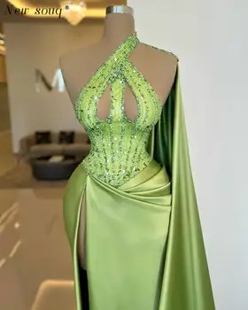Блестящие Лаймово-зеленые вечерние платья Русалки, блестящие на одно плечо, Сексуальный разрез сбоку, женские вечерние элегантные платья для выпускного вечера