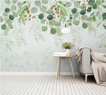 обои на заказ beibehang 3d фотообои в скандинавском минималистичном стиле, маленькие свежие зеленые листья, фоновые обои в акварельном стиле, фреска