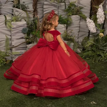 Индивидуальные свадебные платья для девочек-цветочниц, Красный Прекрасный тюль, Многослойные кружевные платья для принцессы, вечерние платья для причастия, подарок на день рождения