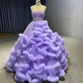 Очень пышное фиолетовое бальное платье, вечерние платья, блестящие кристаллы, многоуровневые оборки, платья для выпускного вечера, сексуальные вечерние женские платья без рукавов
