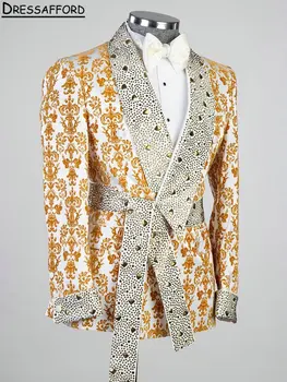 Мужские костюмы для вечеринок с золотым принтом, блестящий кристалл, блейзер-двойка, одежда для жениха (куртка + брюки)