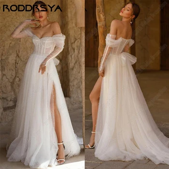 Свадебные платья трапециевидной формы с жемчугом RODDRSYA Для женщин, пляжное платье для невесты с разрезом сбоку, свадебное платье с длинным рукавом и открытой спиной