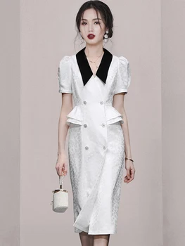 Корейская мода 2023, Летнее Новое Элегантное жаккардовое платье, женское платье с лацканами, пышными рукавами, оборками, Двубортные Миди-платья, Темперамент