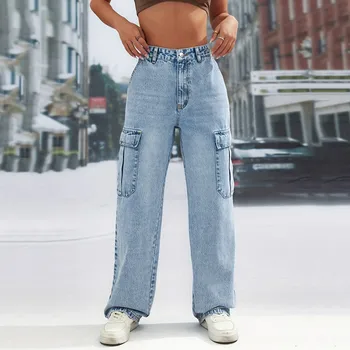 Женские повседневные уличные свободные брюки-карго с высокой талией, джинсовые брюки с большими карманами, джинсовые брюки для женщин, длинные