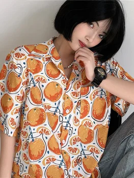 2023 Летние Блузки с коротким рукавом, Корейская мода, Винтажный Оранжевый Принт, Женская Мужская Блузка, Свободная Повседневная Эстетическая Универсальная рубашка Y2k