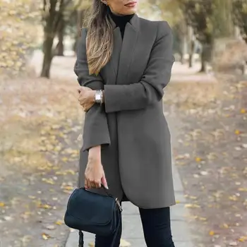 Офисные женские куртки на осень-зиму, Однотонные женские куртки с воротником-стойкой, Шерстяное длинное пальто, кардиган большого размера
