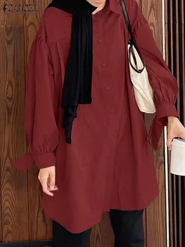 Рубашка с длинным рукавом и отворотом Оверсайз, женская модная мусульманская блузка ZANZEA, повседневные однотонные длинные топы, осенняя элегантная рубашка, Одежда IsIam