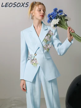Высококачественный элегантный деловой костюм, блейзер, осенний новый пригородный костюм с объемными цветами, пальто, широкие брюки, комплект из двух предметов