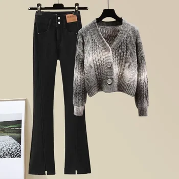 Lazy Fashion, женский комплект, весна-осень, новый кардиган на пуговицах, свитер, универсальные джинсы с микро-рогами, тренд на одежду из двух предметов