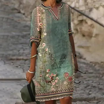 Новое повседневное платье с V-образным вырезом и принтом в этническом стиле, женское весенне-летнее платье с винтажным рисунком для поездок на работу, женское модное мини-платье Vestido