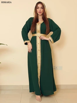 Женская марокканская этническая абая, однотонная отделка тесьмой, Длинный рукав, одежда с капюшоном и поясом на шее, Женские длинные платья