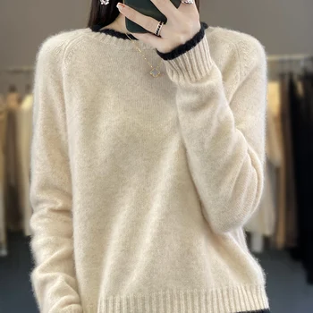 100% Кашемировый мягкий свитер из чистой шерсти, женский пуловер с круглым вырезом, повседневные теплые вязаные топы, осенне-зимняя женская куртка Корейской моды