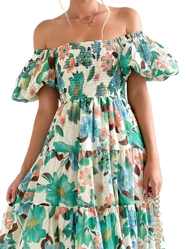 Женское платье с цветочным принтом и открытыми плечами, стильное свободное летнее платье Макси с коротким рукавом