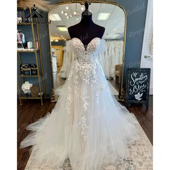Халат, Кружевное свадебное платье с коротким рукавом и открытыми плечами 2024, свадебное платье принцессы с вырезом в виде сердечка, сшитое на заказ Roycebridal