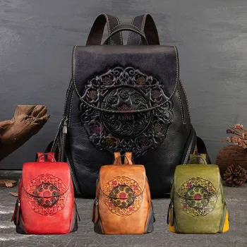 Винтажная сумка ручной работы с тиснением в китайском стиле, женский рюкзак из воловьей кожи с USB-портом для зарядки