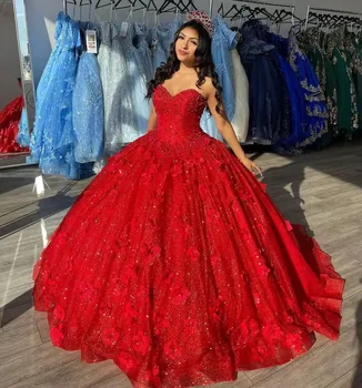 Платье Vestidos De 15 Guinceañeras, сверкающие красные блестки, бальные платья, платья для выпускного вечера, аппликация из бисера в виде сердца, специальные банкетные платья