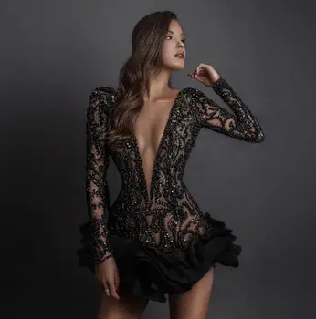 Сексуальные черные коктейльные платья с бисером, глубокий V-образный вырез, мини-платье для выпускного вечера длиной выше колена, многослойные оборки, индивидуальная клубная одежда