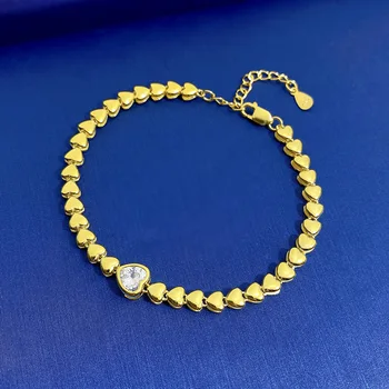 S925 Серебряное сердце, браслет-цепочка с углеродистым бриллиантом для женщин, изысканные ювелирные изделия из 18-каратного золота, браслеты Love Link, Подарок на День рождения
