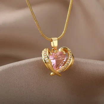 Богемное Розовое ожерелье с кубическим цирконием для женщин, ожерелья с подвесками в виде крыльев сердца из нержавеющей стали, хрустальное колье, ювелирный подарок для пары