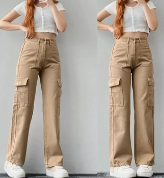Женские прямые брюки 2023, Новый модный уличный тренд, Длинные брюки со средней талией и объемными карманами, брюки-карго с высокой талией