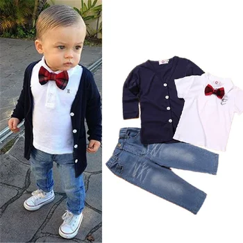 Костюмы для малышей, футболки с бабочкой Для мальчиков, кардиган, Джинсы для маленьких джентльменов, комплект из 3 предметов, детские топы, детские джинсовые Длинные брюки, пальто