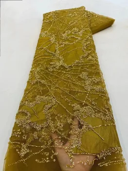 Высококачественная кружевная ткань ручной работы, расшитая бисером, Золотая вышивка, Французское кружевное свадебное платье, расшитое аквамариновой тюлевой тканью