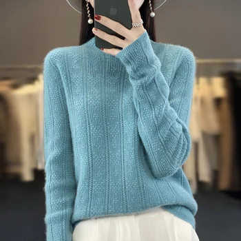 Женский свитер из 100% чистой шерсти, бесшовный пуловер с полым вырезом и полуприлегающим воротником, осенне-зимняя основа, повседневный кашемировый вязаный топ с цветочным рисунком