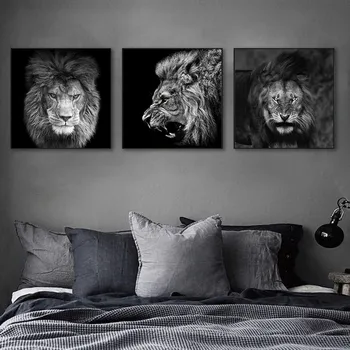 Черно-белые львы, картины на холсте, плакаты с дикими животными и современные принты, настенные рисунки для украшения дома в гостиной