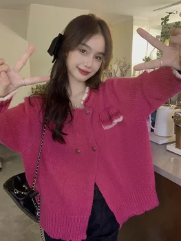Женская Корейская мода Розовые Пуговицы Двубортный Вязаный Свитер Пальто Верхняя Одежда Простые Повседневные топы