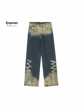 Винтажные джинсы Sycpman в американском стиле, выстиранные для мужчин и женщин, осенние Свободные повседневные брюки, пара уличной одежды