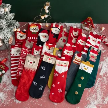 Рождественские носки Женские чулки средней длины Elk Old Bear с мультяшными рождественскими красными хлопковыми новогодними носками
