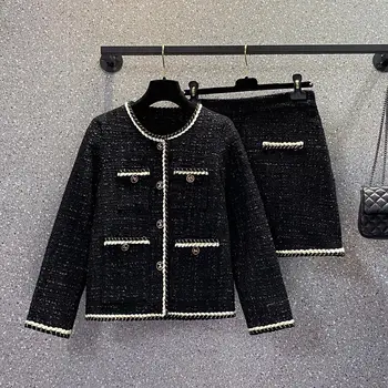 Женский винтажный твидовый черный костюм, куртка, пальто, топ и юбка, элегантный комплект из 2 предметов, зимняя жаккардовая модная одежда