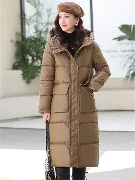 Пуховое хлопчатобумажное пальто Для женщин 2023, Зима, Новые модные Длинные Свободные парки с капюшоном, плотная теплая ветровка.