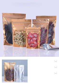 Золотая алюминиевая сумка с прозрачным окошком с застежкой-молнией с одной стороны, пакеты для упаковки пищевых продуктов, пластиковые пакеты для хранения
