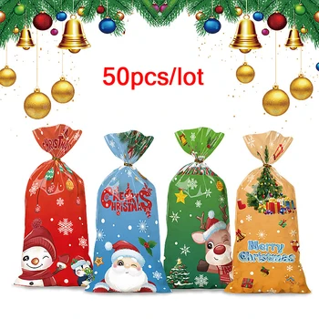 50шт Санта-Клаус Снеговик Смешанные Пакеты Для Конфет Пластиковый Подарочный Пакет С Рождеством 2024 Домашний Декор Для Рождественской Новогодней Вечеринки