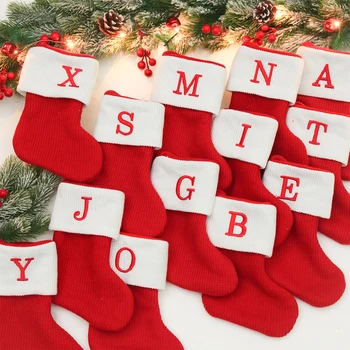 Рождественские носки с красными буквами алфавита, Рождественский чулок, подвеска в виде рождественской елки, украшение для дома, Рождественский подарок на Новый 2024 год