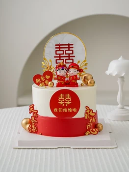 Украшение Топпера свадебного торта Украшение куклы жениха невесты в китайском красном двойном цвете для девочек на День рождения, на День Святого Валентина, для выпечки десертов