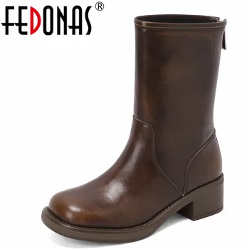 FEDONAS/ винтажные женские ботинки до середины икры на толстом каблуке с круглым носком, повседневная женская обувь из натуральной кожи на молнии, осень-зима, ретро стиль
