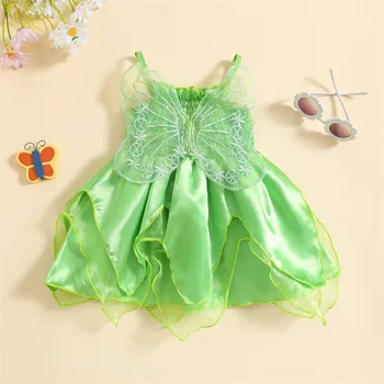 2023 Летнее платье принцессы для маленьких девочек от 1 до 5 лет, зеленое праздничное платье без рукавов, костюм феи с крыльями
