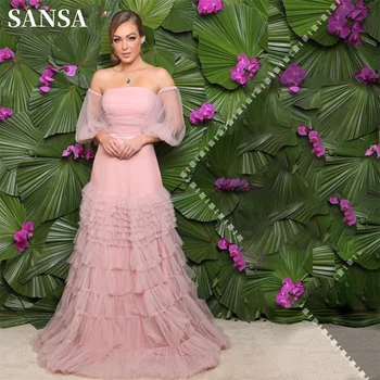 Элегантное Платье для выпускного вечера Sansa с Открытыми плечами 2023, Розовое Многослойное Платье Vestidos De Noche с Пышным рукавом 3/4 и Завитками По краю