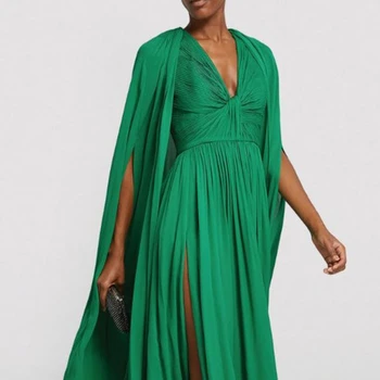 Зеленое миди-платье Muloong с глубоким V-образным вырезом, плиссированное Классическое роскошное вечернее платье в пол, рукава-накидка, платье для выпускного вечера с шалью