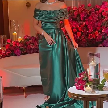 Элегантные длинные вечерние платья из атласа с открытыми плечами и карманами, зеленые платья трапециевидной формы, плиссированные арабские платья для выпускного вечера для женщин