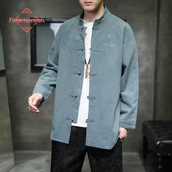 Весенние куртки в китайском стиле для мужчин, Хлопчатобумажный льняной костюм с вышивкой и пряжкой Tang, Улучшенное осеннее пальто Hanfu, одежда