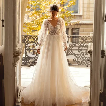 Элегантное Кружевное Свадебное платье Для женщин, Прозрачный V-образный вырез, Трапециевидные аппликации, Платья для невест со шлейфом на заказ, Vestidos De Novia